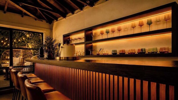 Zona de bar con mostrador y taburetes de madera, estantes con vasos y vistas al exterior con vegetación.