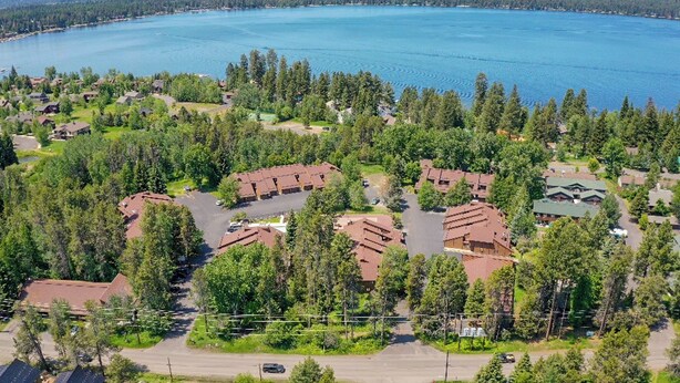 Una zona residencial con casas, una extensa masa de agua y un paisaje boscoso.