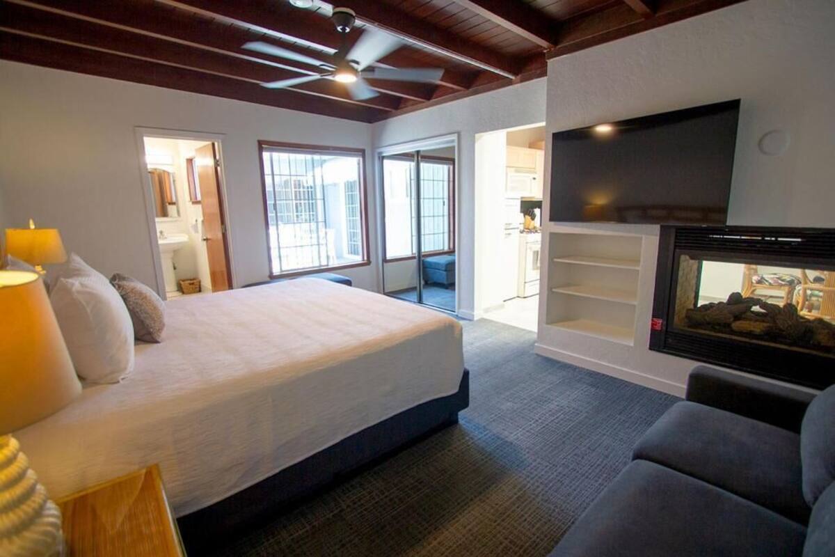 A bedroom with a bed, a TV, a fireplace, and a view of the outside.