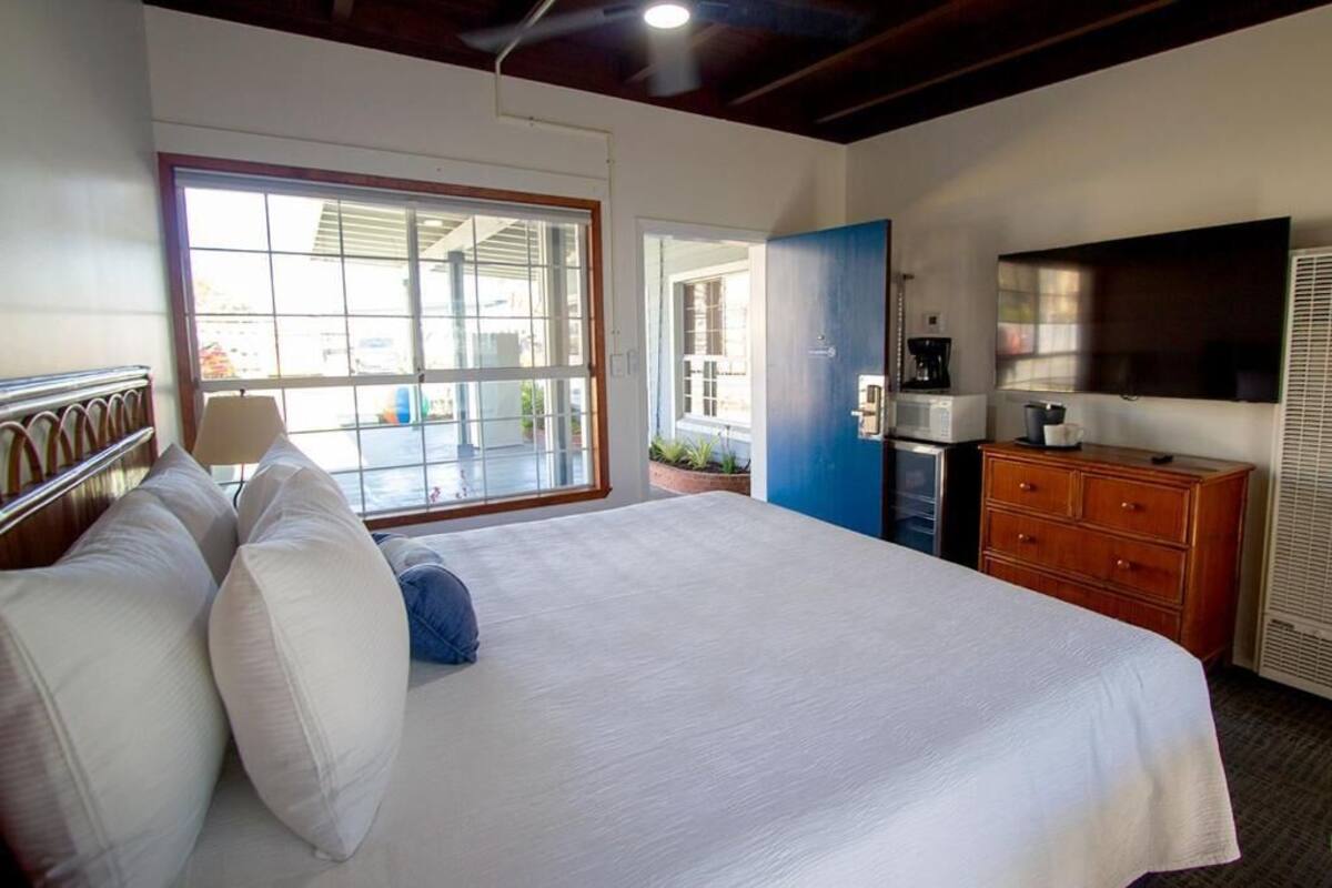 A hotel room with a bed, a dresser, a microwave, and a television.