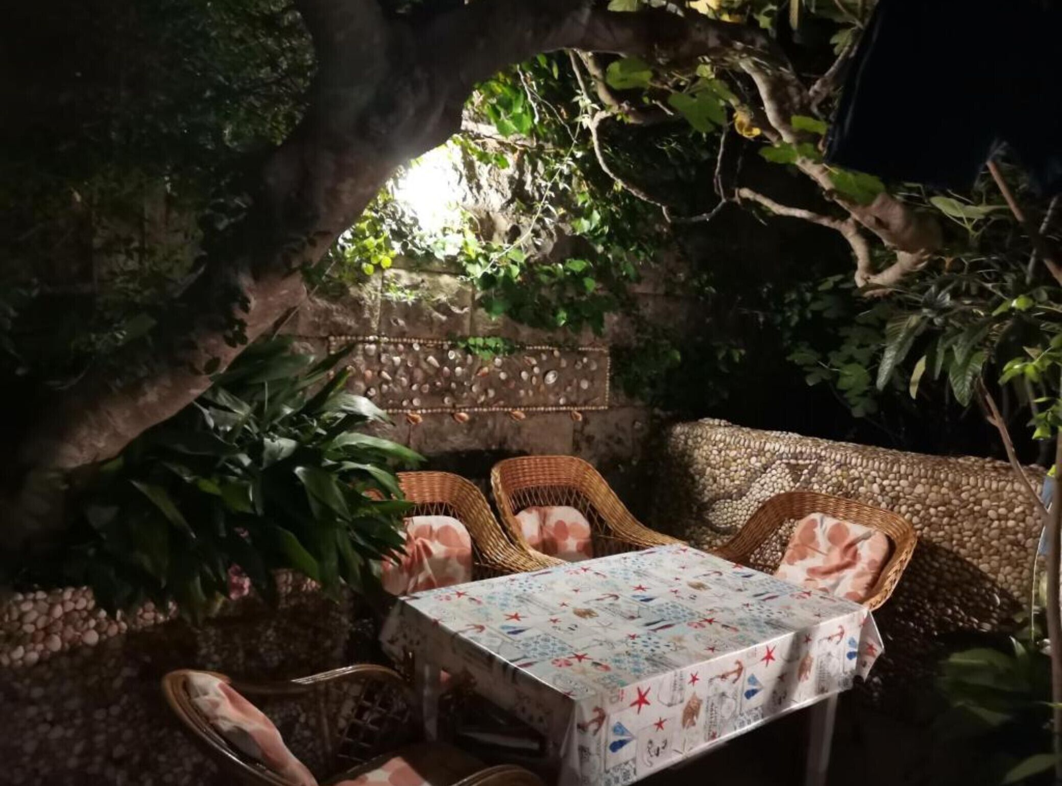 Un espace extérieur aménagé avec des meubles en osier et une table recouverte d’une nappe à motifs.