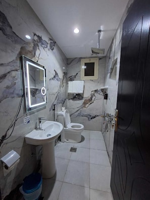 Un baño con pared de mármol, un lavamanos, un inodoro, un espejo y una puerta.
