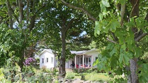 A white house with a porch, surrounded by greenery and a stone wall. - 5 Person Holiday Home in Bastad (Bastad)