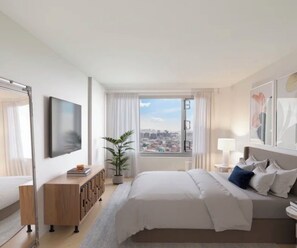 Una habitación de hotel moderna con una cama grande, un televisor, vistas a la ciudad y una planta en maceta.