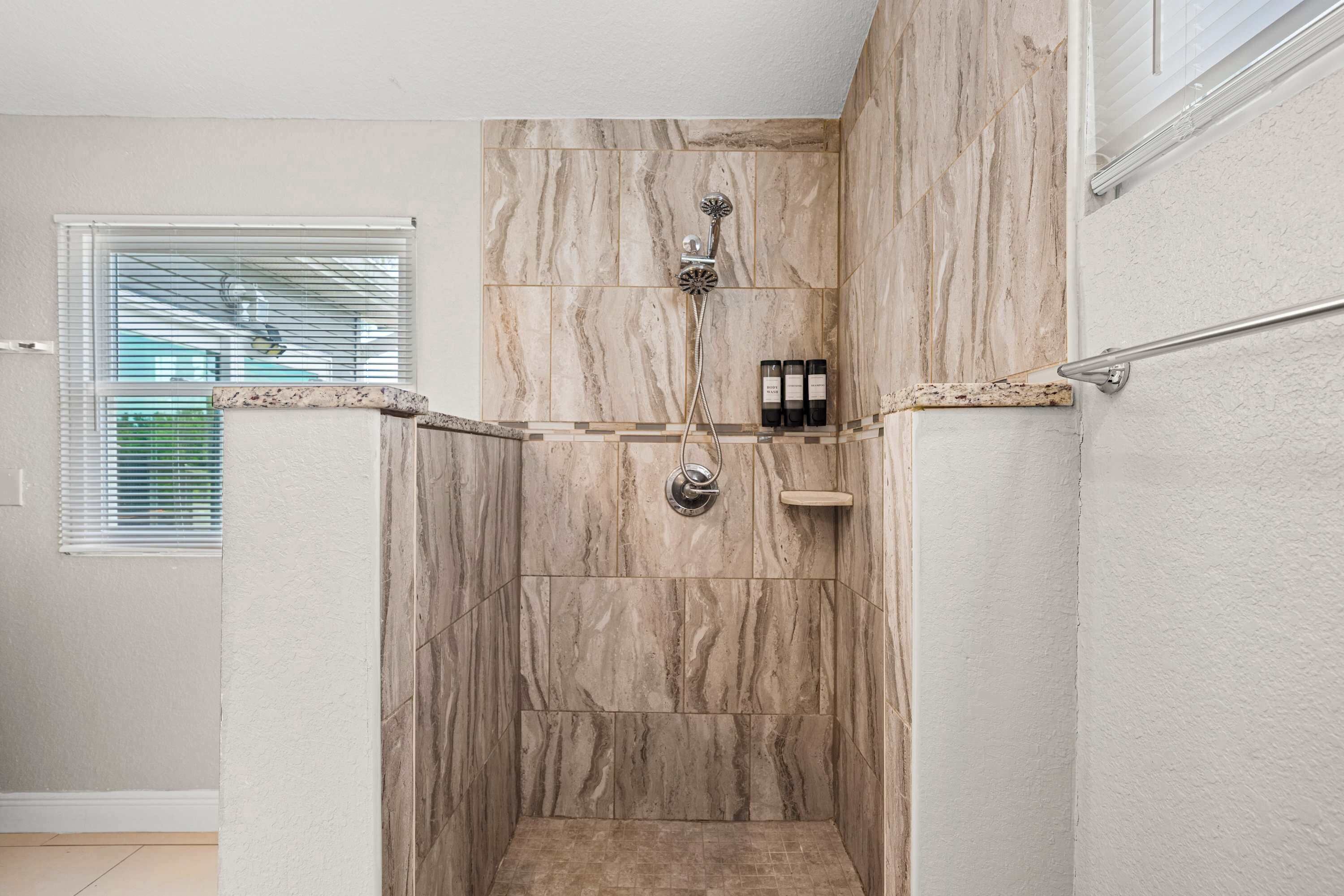 Shower, hair dryer, shampoo