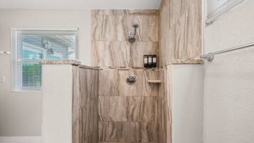 Shower, hair dryer, shampoo