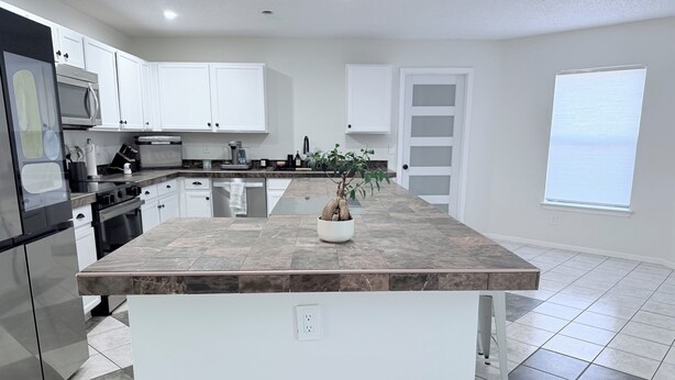 A modern kitchen with white cabinets, a central island, and a potted plant. - 3 Bedroom Home with Private Pool (Schertz)