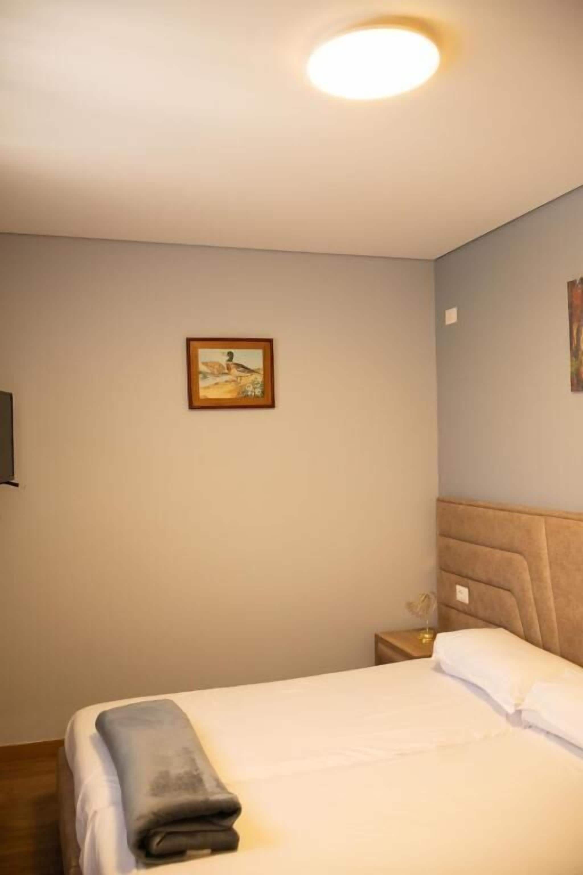 Un dormitorio con cama, mesita de noche, un cuadro en la pared y una lámpara en el techo.