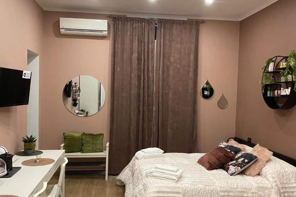 A bedroom with a bed, a desk, a chair, a mirror, an air conditioner, and a shelf with plants.