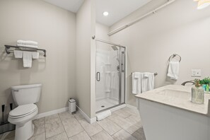 Shower, hair dryer, towels, soap - 1 BR King ADA Suite- Freshwater Inn - Bridgman, MI - Unit 6 (Bridgman)