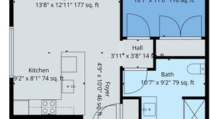 A floor plan with a living room, kitchen, bedroom, hall, and bathroom.