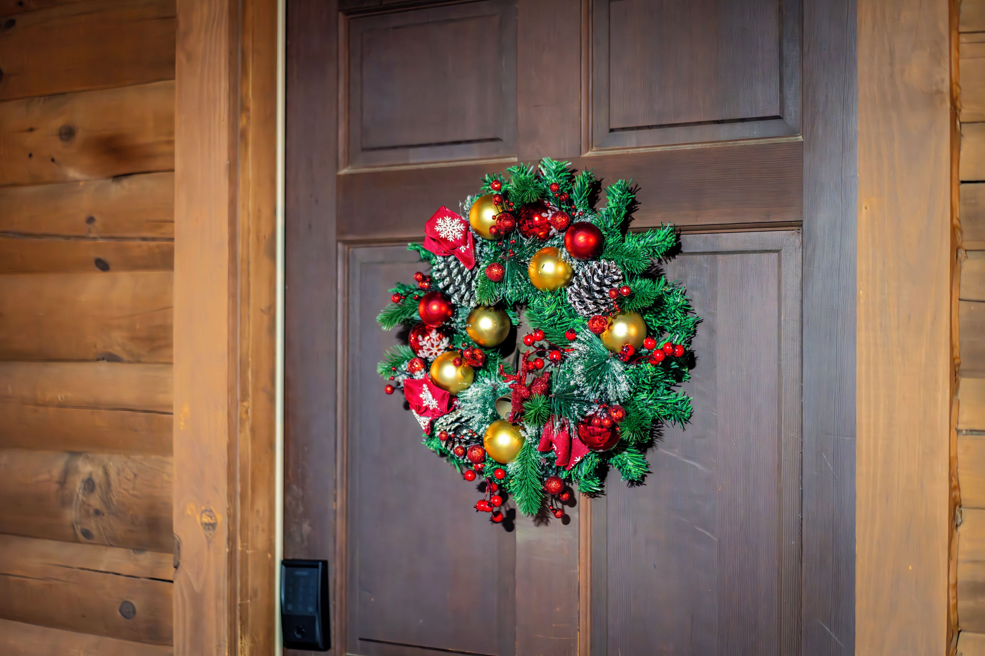 Una puerta de madera con un adorno navideño.