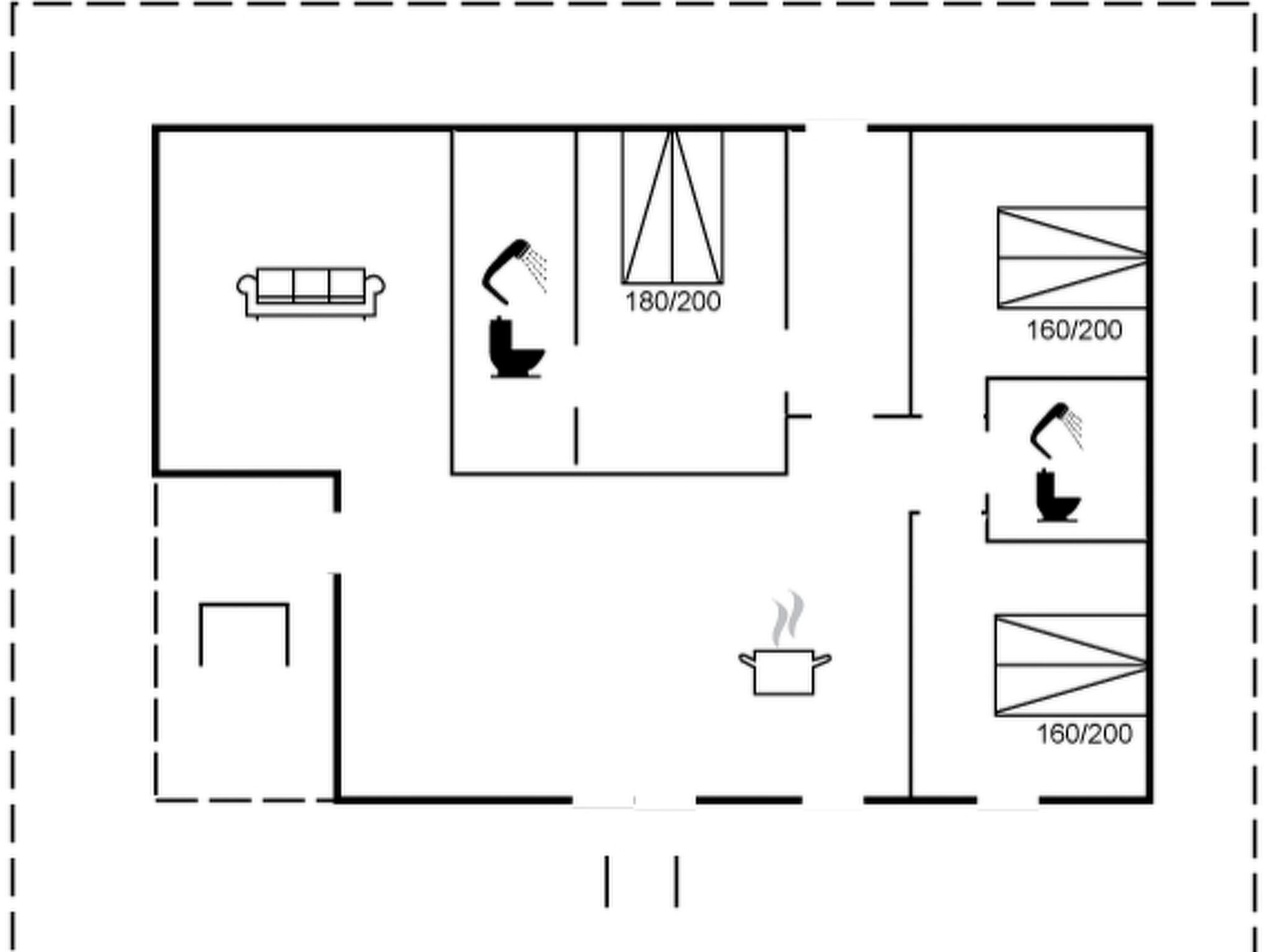 Un plan d’étage comprenant un espace de vie, une cuisine et une salle de bain.