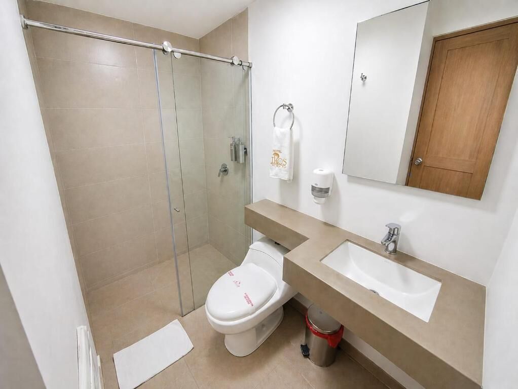 Et moderne badeværelse med bruseniche i glas, toilet, vask og spejl.
