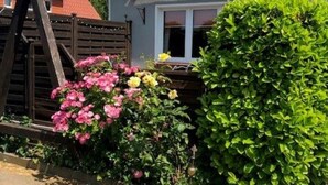 Une maison avec une clôture en bois, une fenêtre avec des volets blancs et une variété de plantes à fleurs.