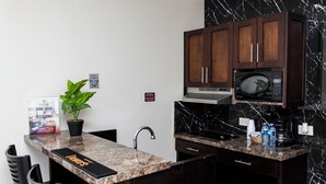 Una cocina compacta con gabinetes de madera oscura, un microondas integrado, un lavabo y una planta en maceta.