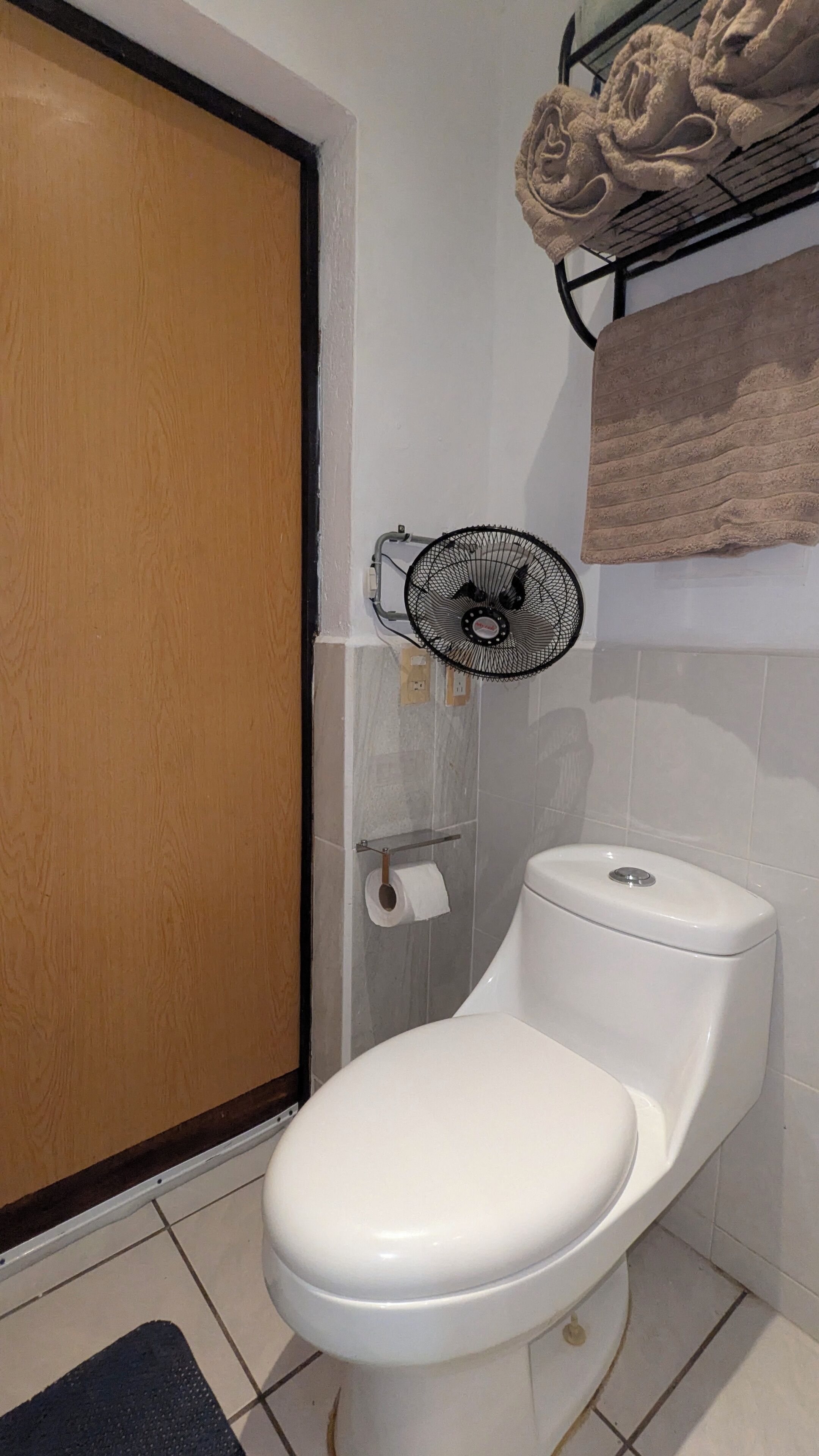 A bathroom with a white toilet, a towel rack with a towel, a fan, and a door.