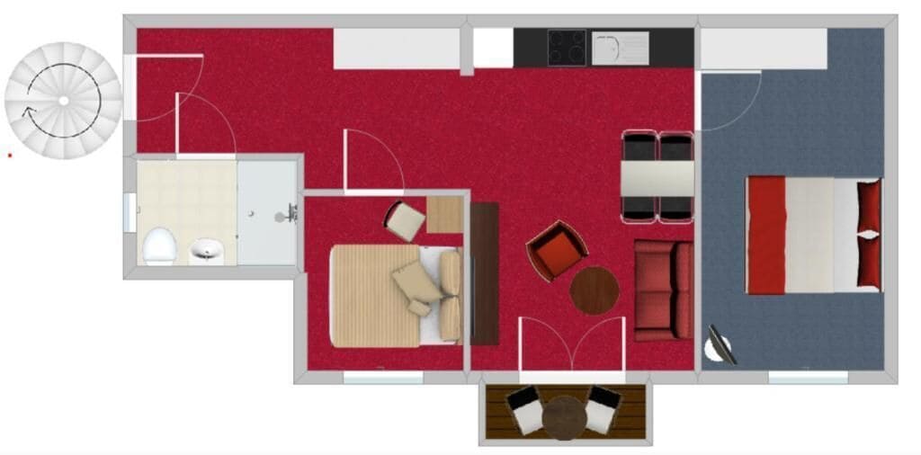 A hotel layout with a kitchen, dining area, two bedrooms, a bathroom, and a small balcony.
