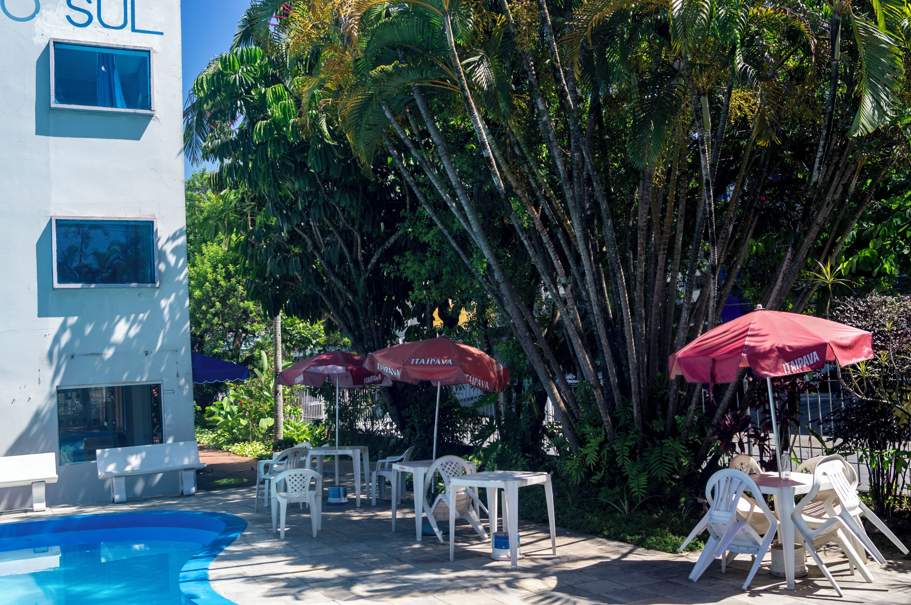 Un área de piscina con mobiliario exterior y sombrillas, rodeada de exuberante follaje.