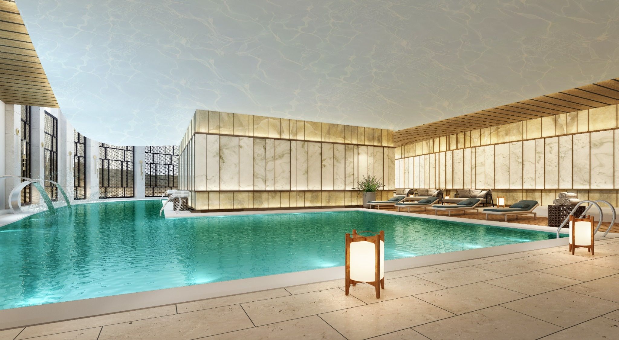 Una piscina interior moderna con suelo de baldosas, sillones de descanso y techo de madera.