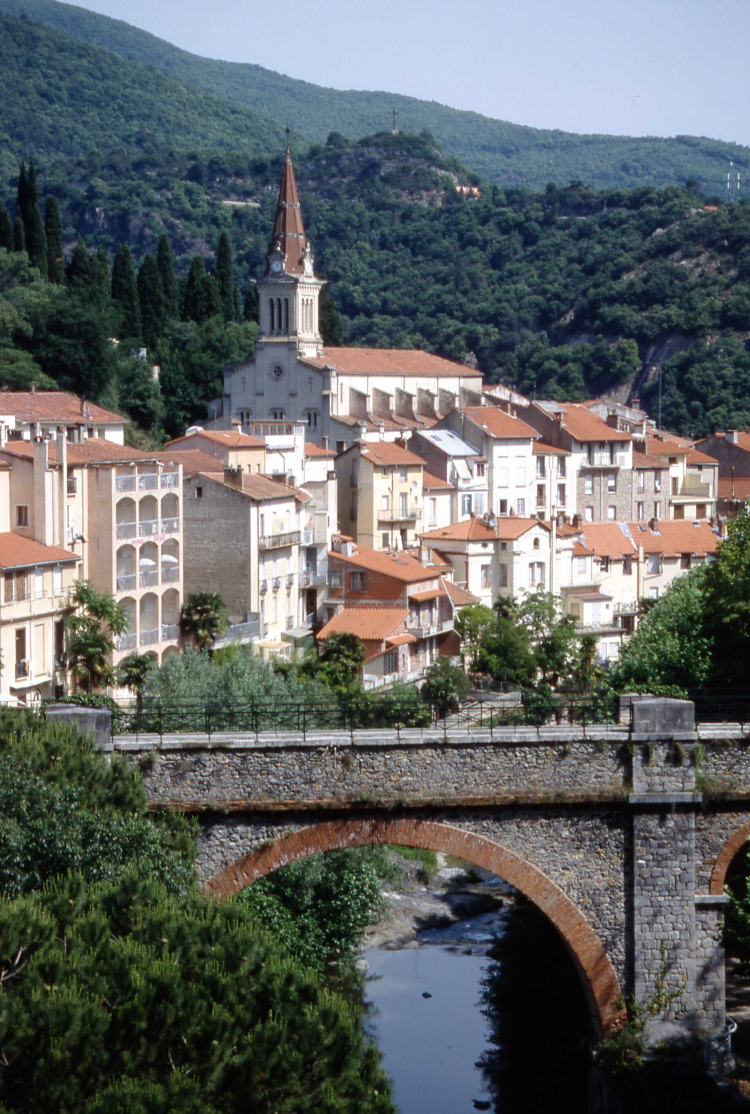 Eine historische Stadt mit einem markanten Kirchturm, einer Steinbrücke und einem Fluss.
