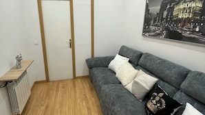 A modern living room with a grey sofa, a radiator, a wooden floor, and a cityscape painting on the wall. - Ler & Le Pety Palace Madrid gran vía  (Madrid)