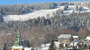 Paisagem coberta de neve com um pináculo de igreja, edifícios e uma colina arborizada.