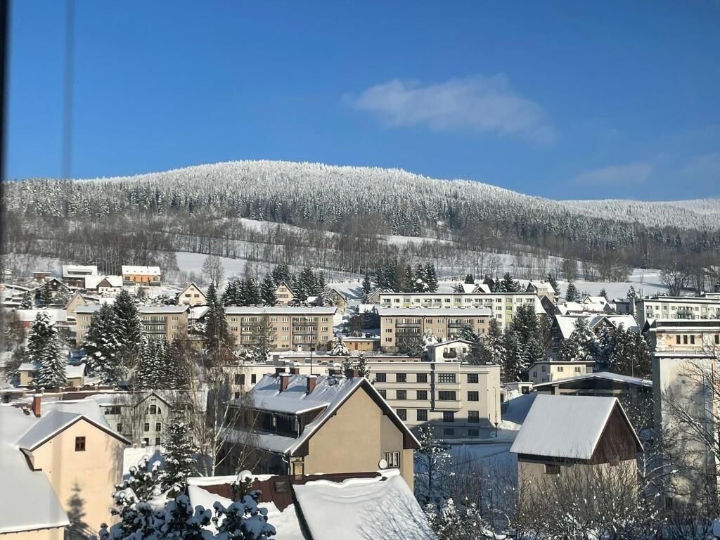 A residential area with snow-covered houses and a hill in the background.