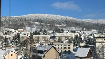 A residential area with snow-covered houses and a hill in the background.