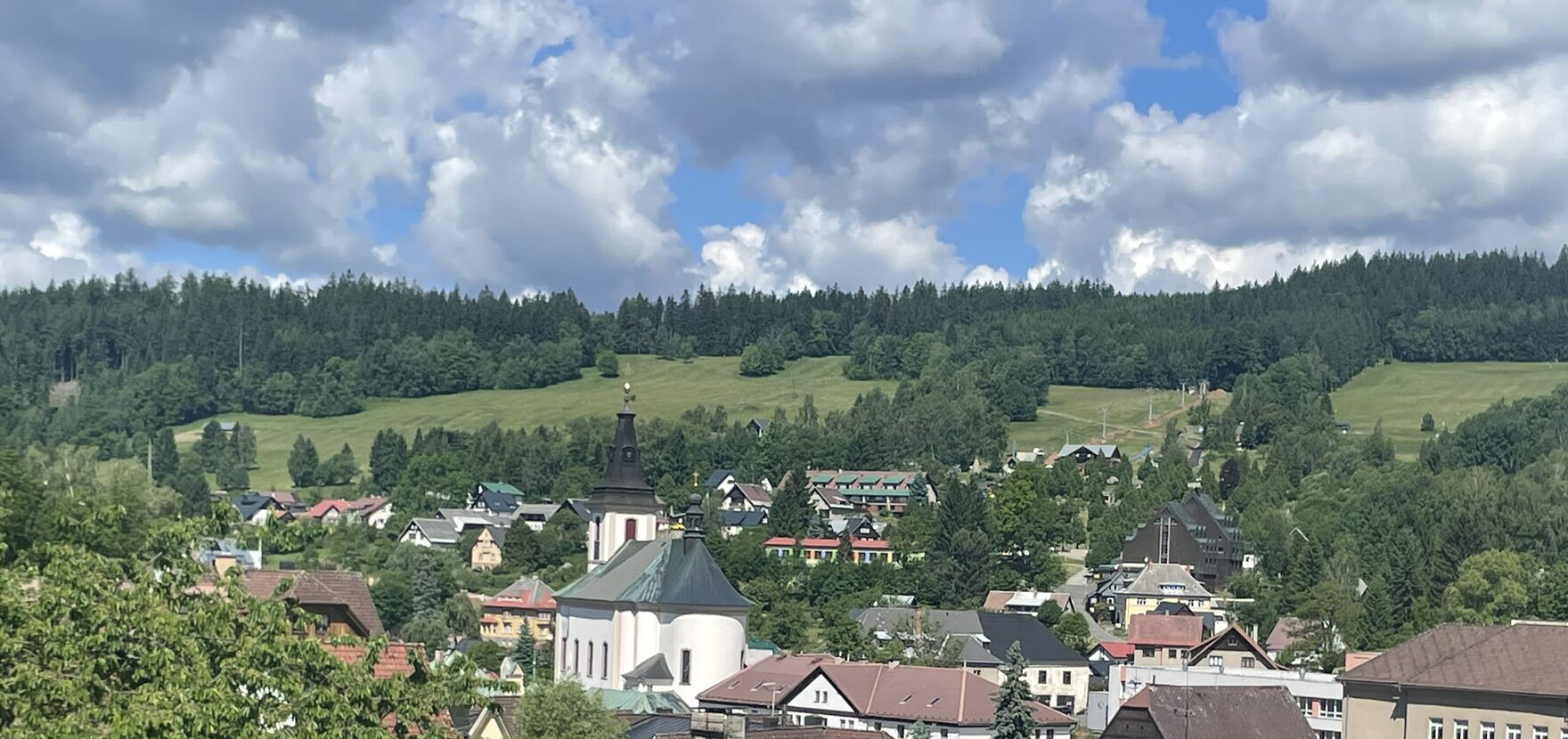 Eine Stadt mit einer Kirche, Wohnhäusern und einem bewaldeten Hügel im Hintergrund.