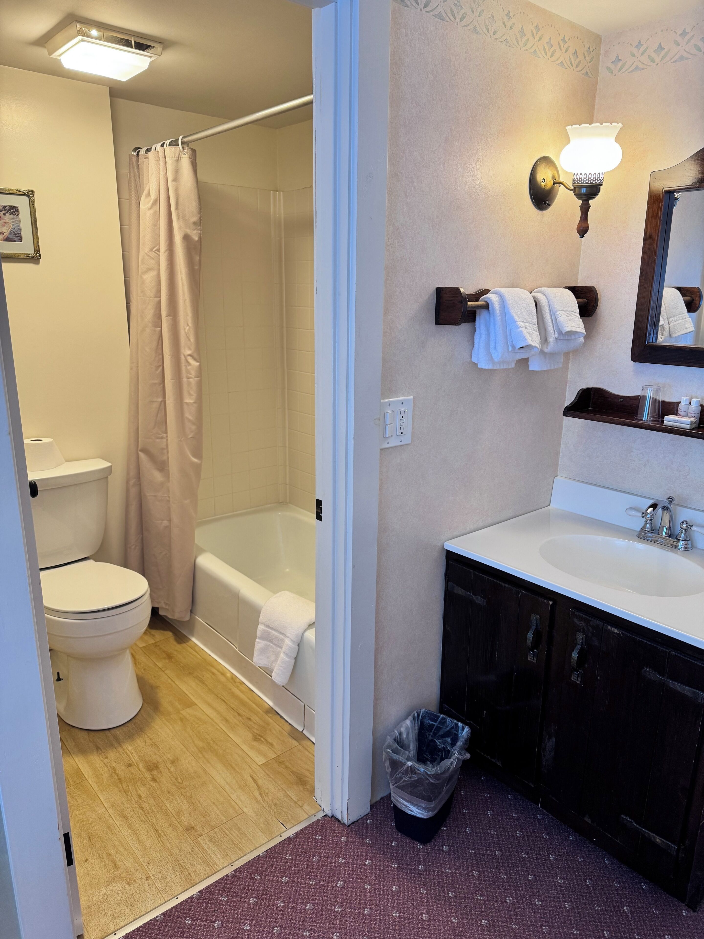 Un baño con inodoro, ducha, lavamanos y espejo.