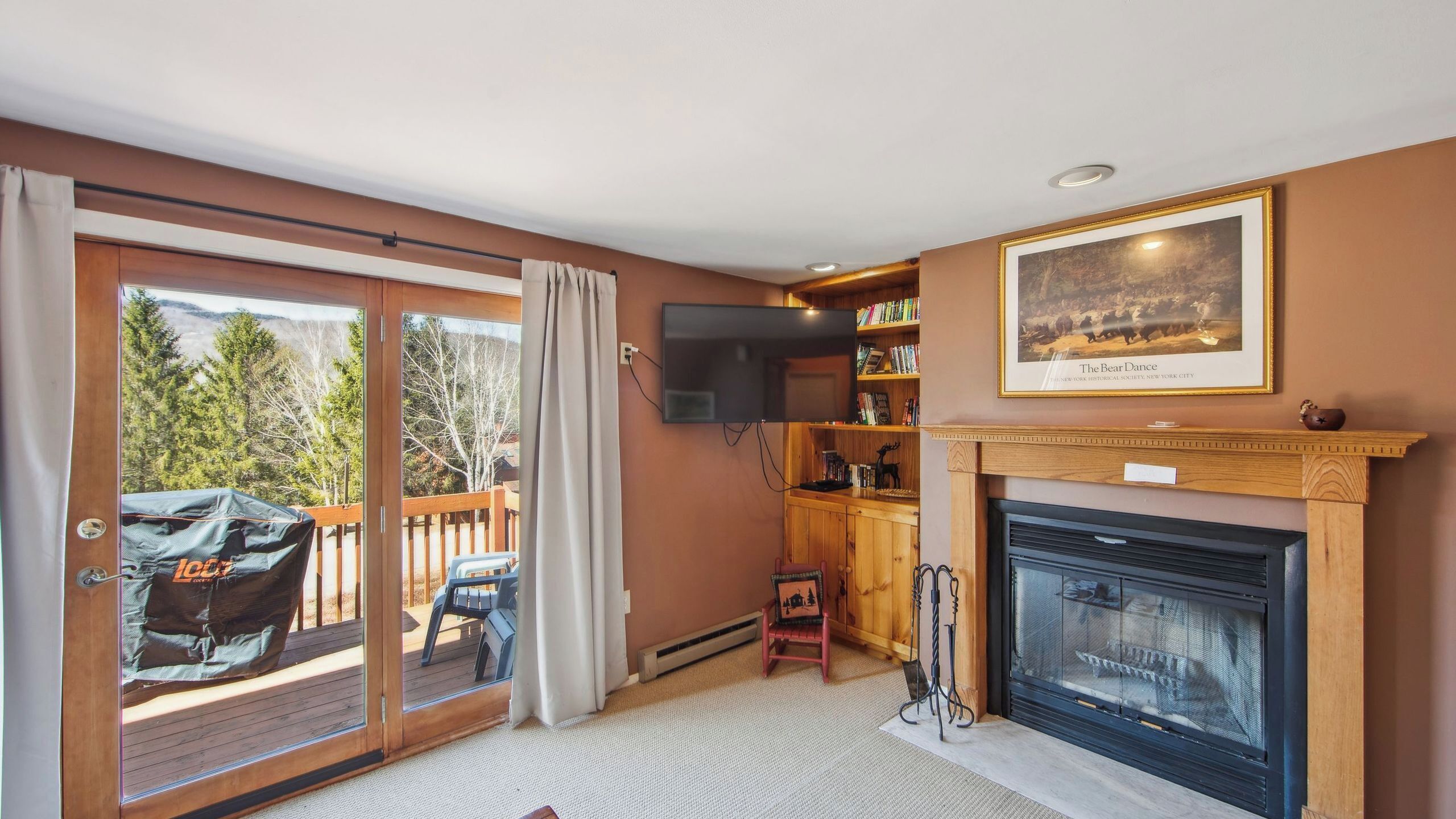 Een kamer met een open haard, een televisie erboven bevestigd, een boekenplank en een schuifdeur naar een terras.
