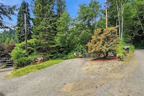 A gravel road leading to a gated entrance surrounded by dense greenery and trees.