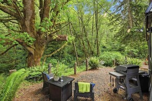 An outdoor seating area with a table and chairs, a grill, and a large tree in a forested setting.