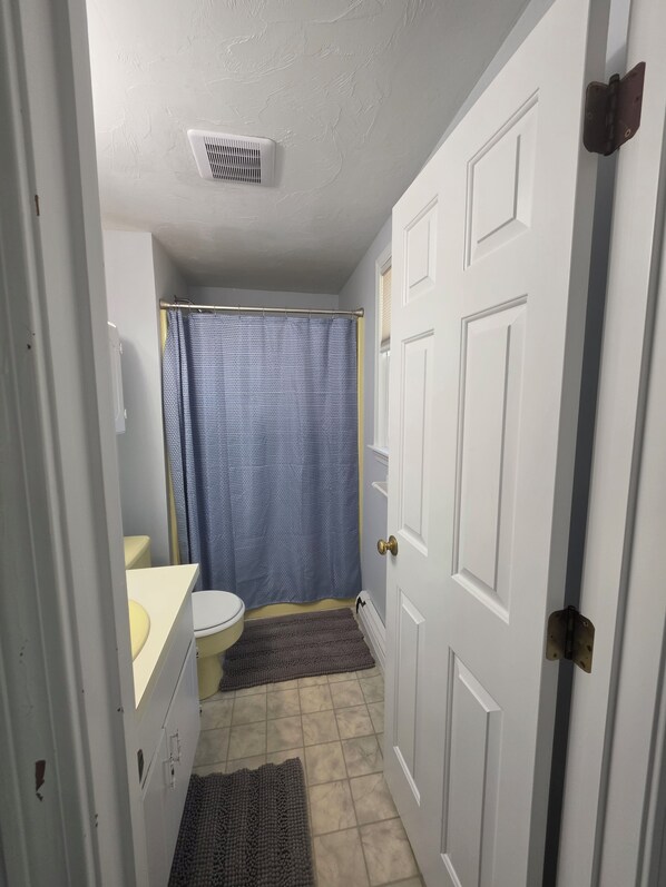 A bathroom with a toilet, a shower curtain, a sink, and a door. - 'The Whales Tail' ~ Dogs Welcome (Yarmouth)