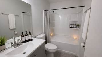 A modern bathroom with a sink, toilet, shower, and bathtub.