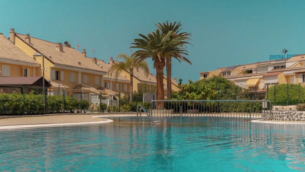En swimmingpool med en palm, omgiven av gula byggnader med takpannor.