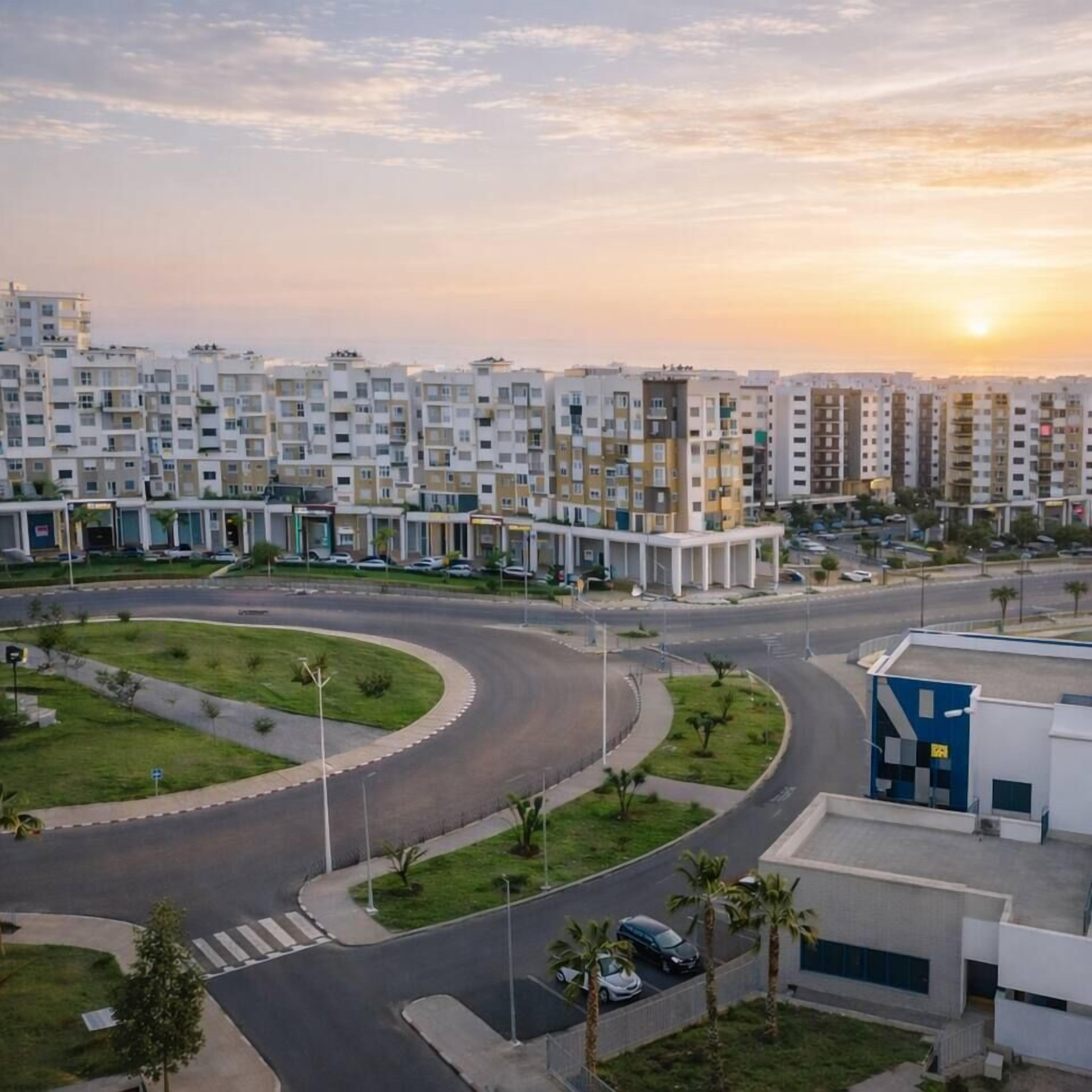 A residential area with apartment buildings, a roundabout, and a parking lot.