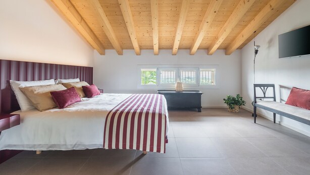 Una camera da letto con un letto, una panca, una TV e una finestra.