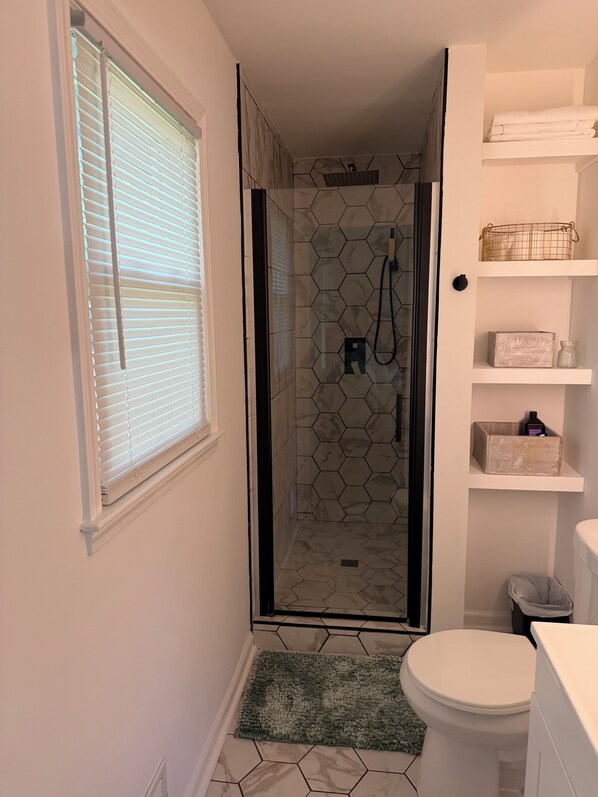 Hair dryer, towels, soap, toilet paper