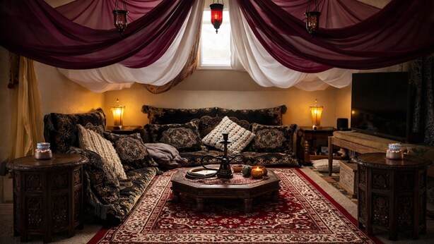 Ein traditionell eingerichtetes Zimmer mit einer Sofagarnitur, einem Couchtisch, einem Fernseher und einem gemusterten Teppich.