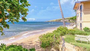 A beach view with a house, a palm tree, and a bench. - Ocean-view 2BR Maui condo with pool, A/C, beach (Wailuku)