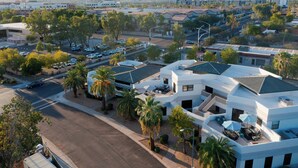 Un hôtel moderne doté d’une terrasse sur le toit, entouré de palmiers et disposant d’un parking.