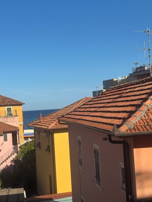 Eine Wohngegend an der Küste mit terrakottafarbenen Dächern, blauem Himmel und Blick aufs Meer.
