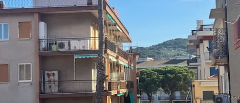 Un edificio de varios pisos con balcones, una palmera y coches estacionados.