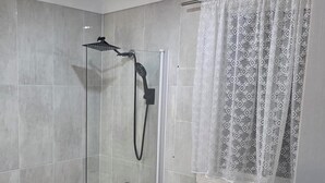 A modern bathroom with a glass-enclosed shower, a bathtub, and a toilet.