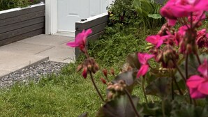 Una puerta blanca con el número 35 encima, un pequeño porche con escalones y un jardín con flores rosadas.