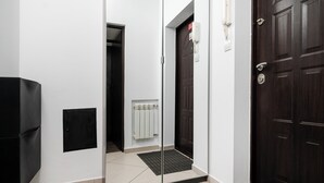 Ein Flur mit einer Spiegelwand, einer dunklen Holztür, einem weißen Heizkörper und einer schwarzen Matte.