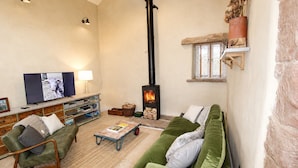 Una sala de estar acogedora con un sofá verde, una televisión, una chimenea y una pared de piedra.
