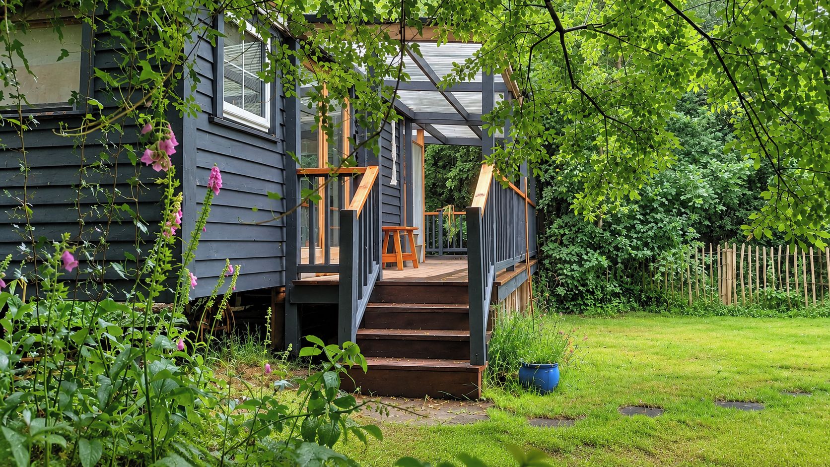 A wooden staircase leading to a porch with a railing, surrounded by greenery and a fence.